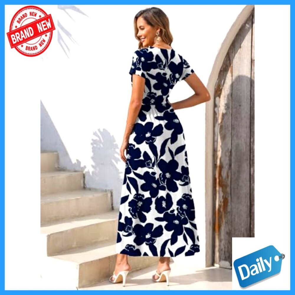 Summer Maxi Dress with Pockets V Neck Short Sleeve Flowy Casual Sundress - Picture 6 of 7